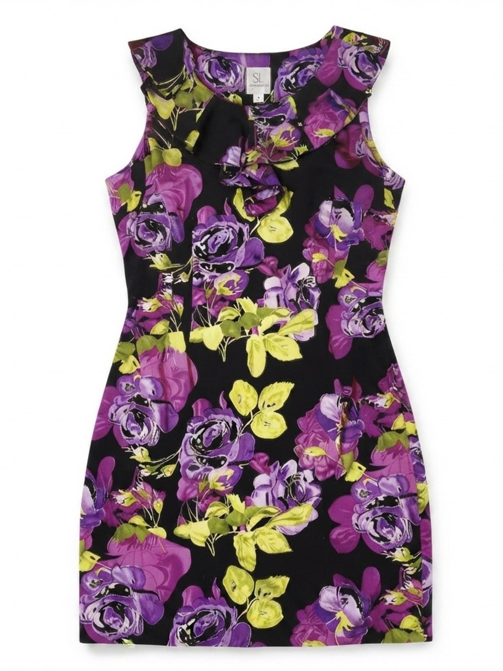 Sara Campbell Black Mini Dress with Purple Floral Print
